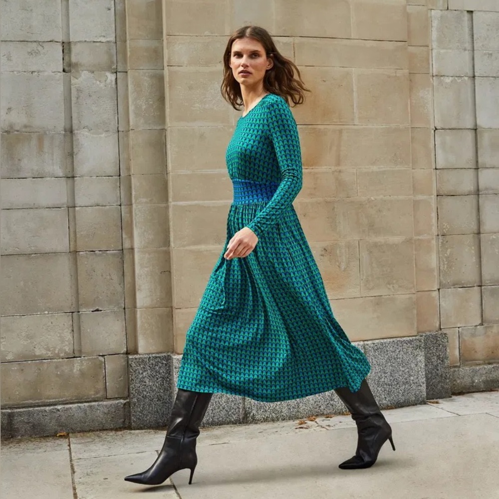 Boden Teal and Blue Fitted-Waist Patterned Midi Dress